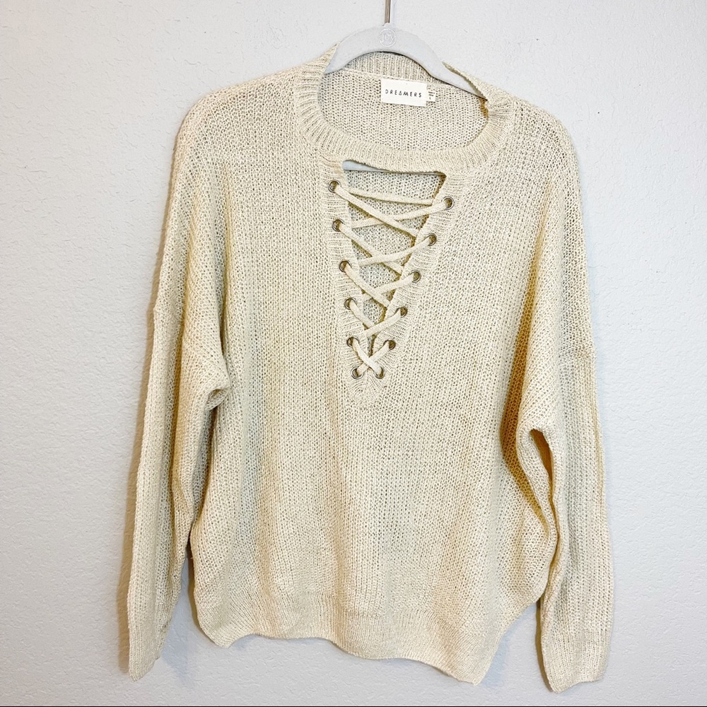 Dreamers by Debut Cream Lace Up V-Neck Textured Knit Oversized Sweater Large L‎
